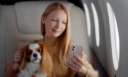 Woman With Dog Using Smartphone In First Class Plane
